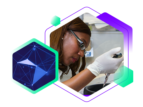 branded graphic with researcher working